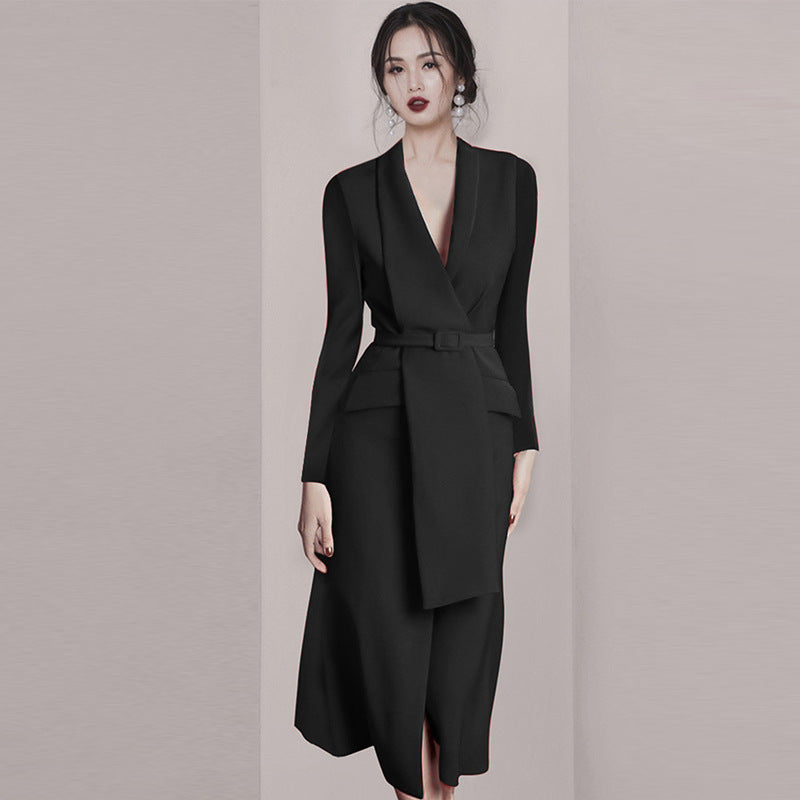 New Irregular Red Suit Collar Dress For Autumn And Winter