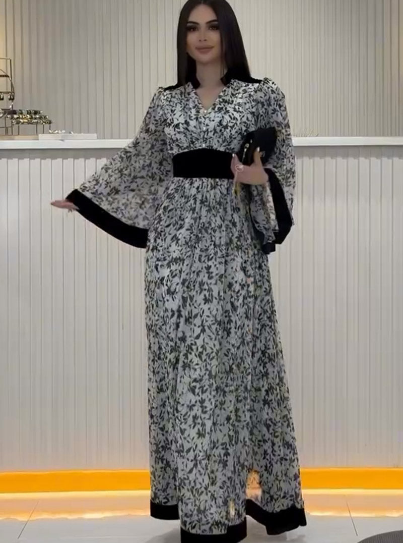 Retro Ink Painting Long Sleeve Stitching Floral Long Dress