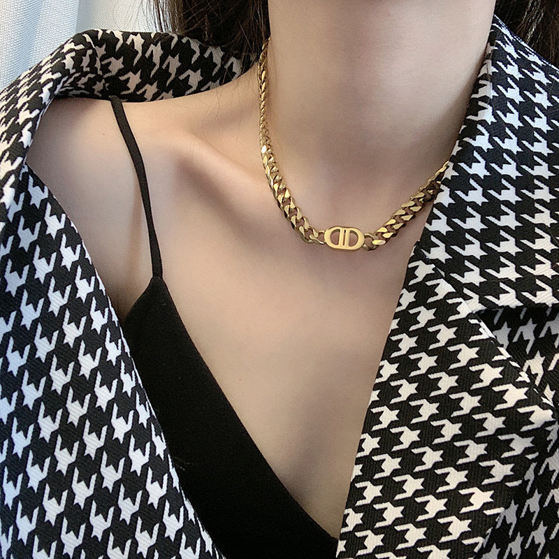 European And American Gold Thick Chain Letter Double D Titanium Steel Necklace Women