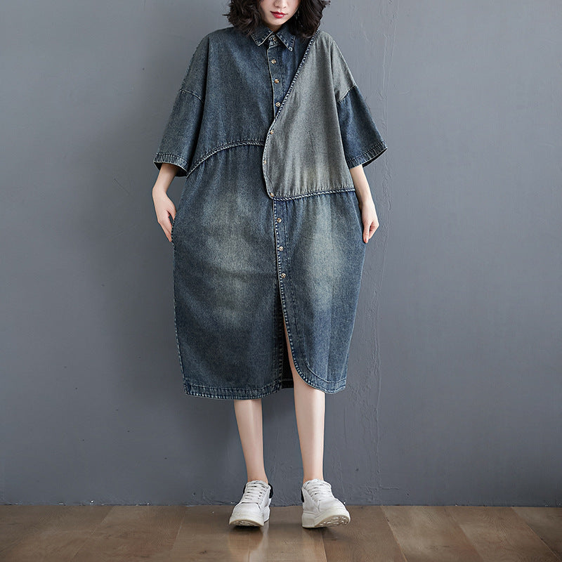 Retro Literary Stitching Shirt Skirt Loose And Thin Denim Dress