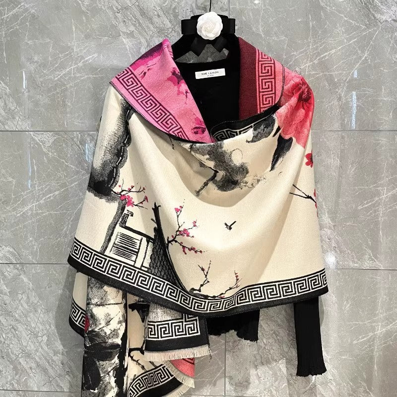 VERSACE Chinese Aesthetic Ink Painting Shawl Outer Match Autumn And Winter Warm Scarf