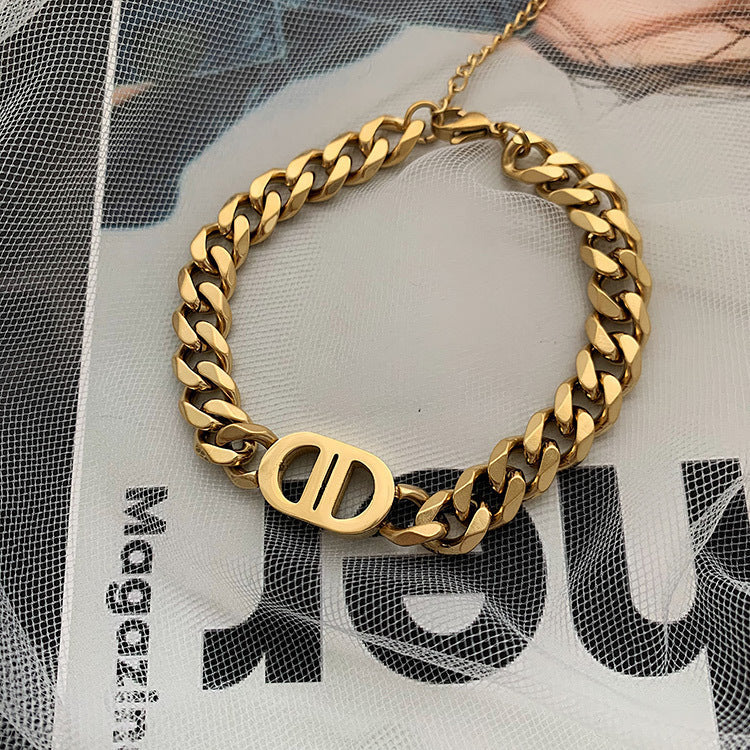 European And American Gold Thick Chain Letter Double D Titanium Steel Necklace Women
