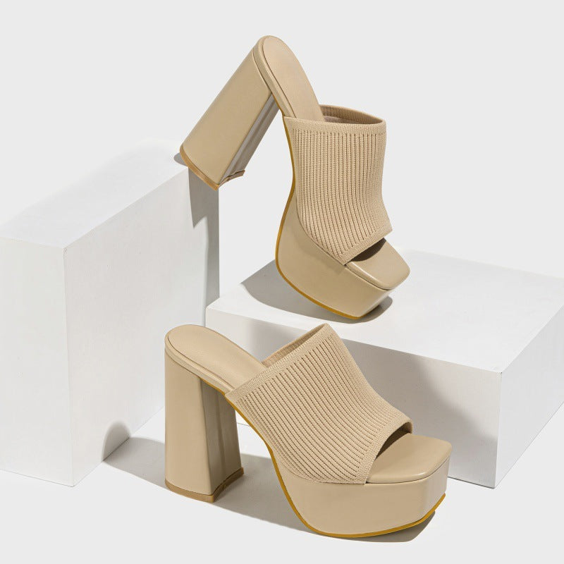 ZARA COLLECTION Summer Women's Knitted Fashionable Chunky Heel Waterproof Platform Outdoor Street Slippers