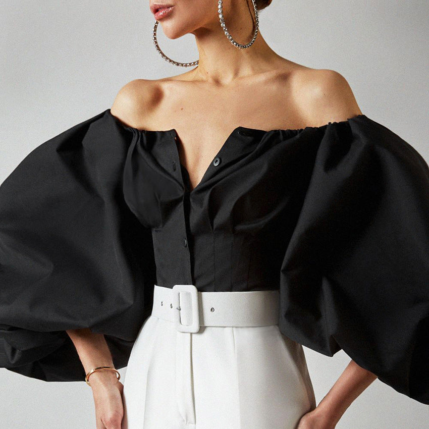 Spring And Summer New Design Sense Long Sleeve Bubble Lantern Sleeve Off-shoulder Women's Clothing Shirt