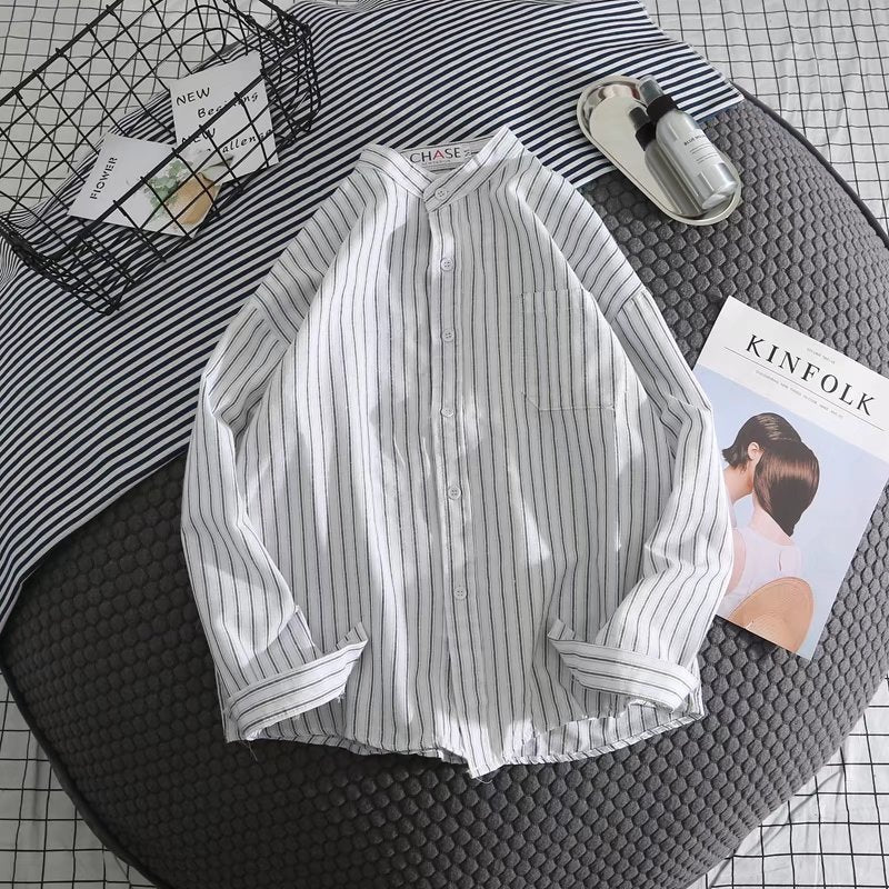 Striped White Shirt Men's Shirt Long Sleeve Casual Loose Coat