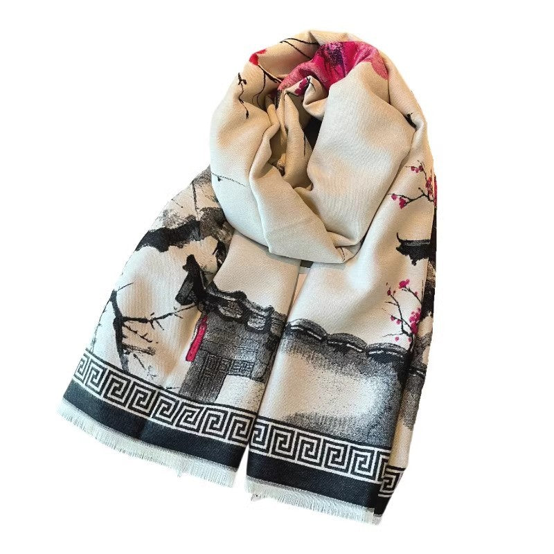 VERSACE Chinese Aesthetic Ink Painting Shawl Outer Match Autumn And Winter Warm Scarf