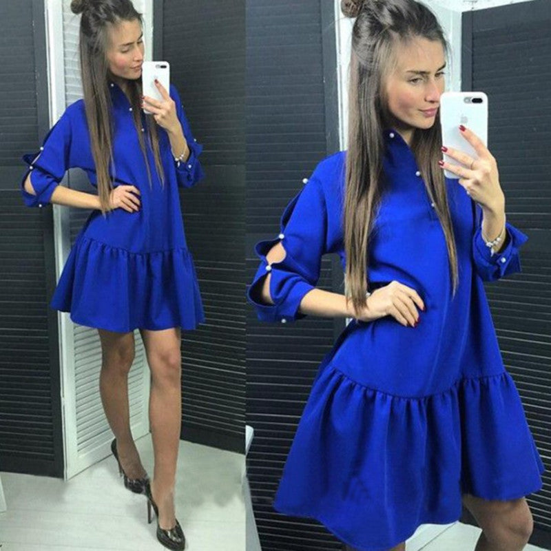 New pearl button nine-point sleeve skirt ruffled stitching long loose dress
