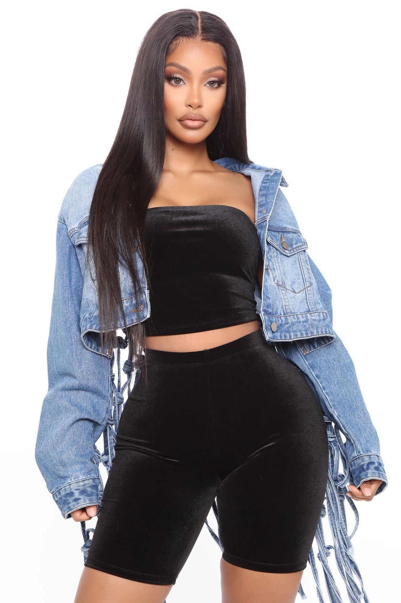 Ladies' denim jacket with mesh bangs