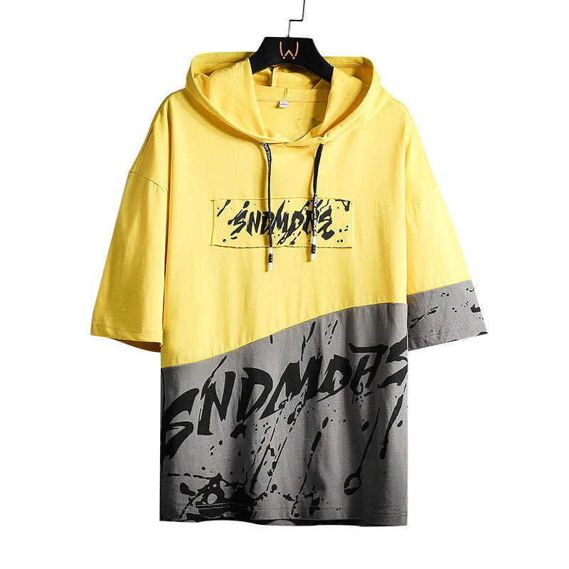 Hooded Short Sleeved T Shirt Men's Loose Five Point Sleeves Short Sleeved