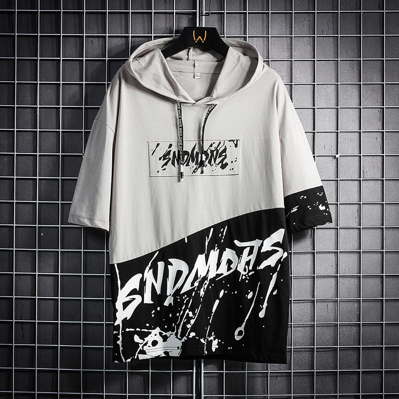 Hooded Short Sleeved T Shirt Men's Loose Five Point Sleeves Short Sleeved