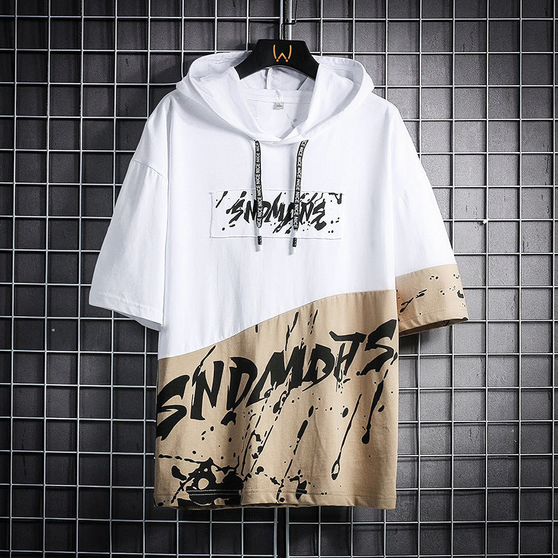 Hooded Short Sleeved T Shirt Men's Loose Five Point Sleeves Short Sleeved