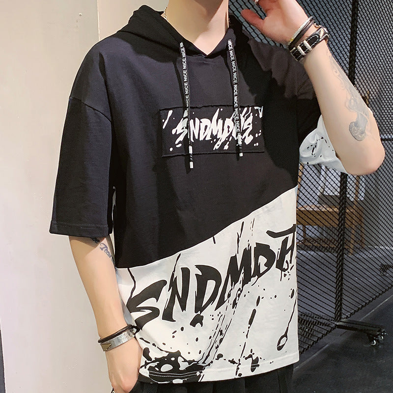 Hooded Short Sleeved T Shirt Men's Loose Five Point Sleeves Short Sleeved