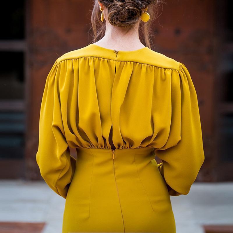 Sexy Bag Hip Evening Dress Cross-Border Autumn And Winter Yellow Long-Sleeved Dress