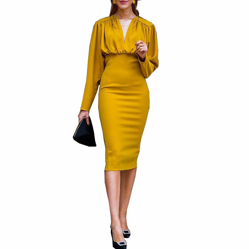 Sexy Bag Hip Evening Dress Cross-Border Autumn And Winter Yellow Long-Sleeved Dress