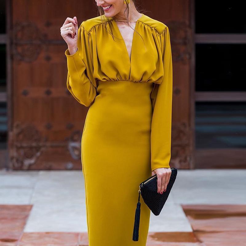 Sexy Bag Hip Evening Dress Cross-Border Autumn And Winter Yellow Long-Sleeved Dress