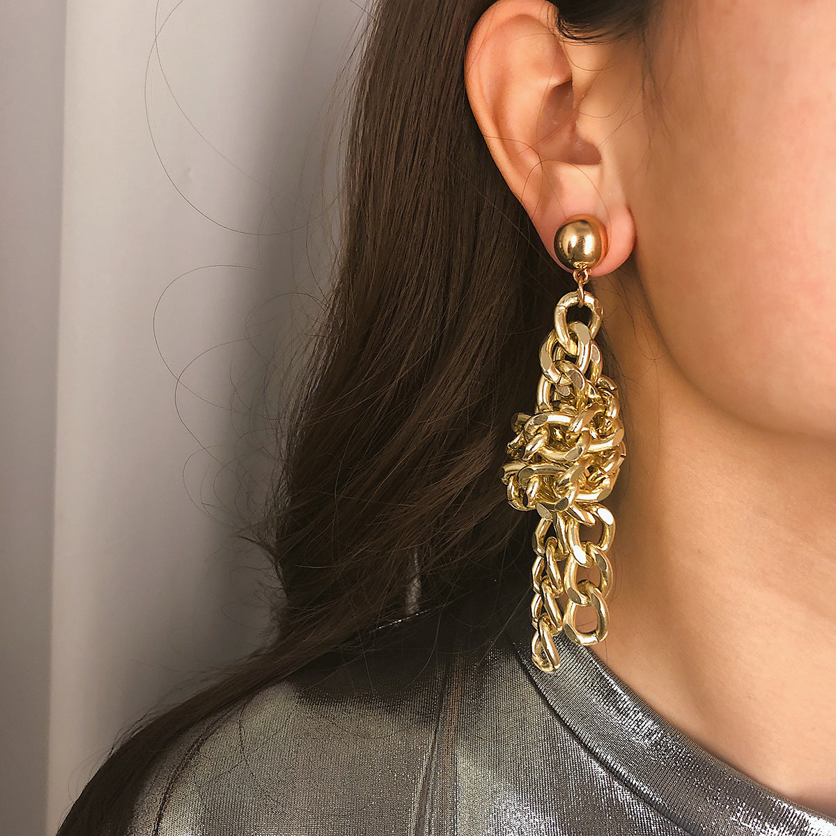 Personality Geometric Fashion Metal Earrings Women Exaggerated Punk Simple Knotted Chain Earrings
