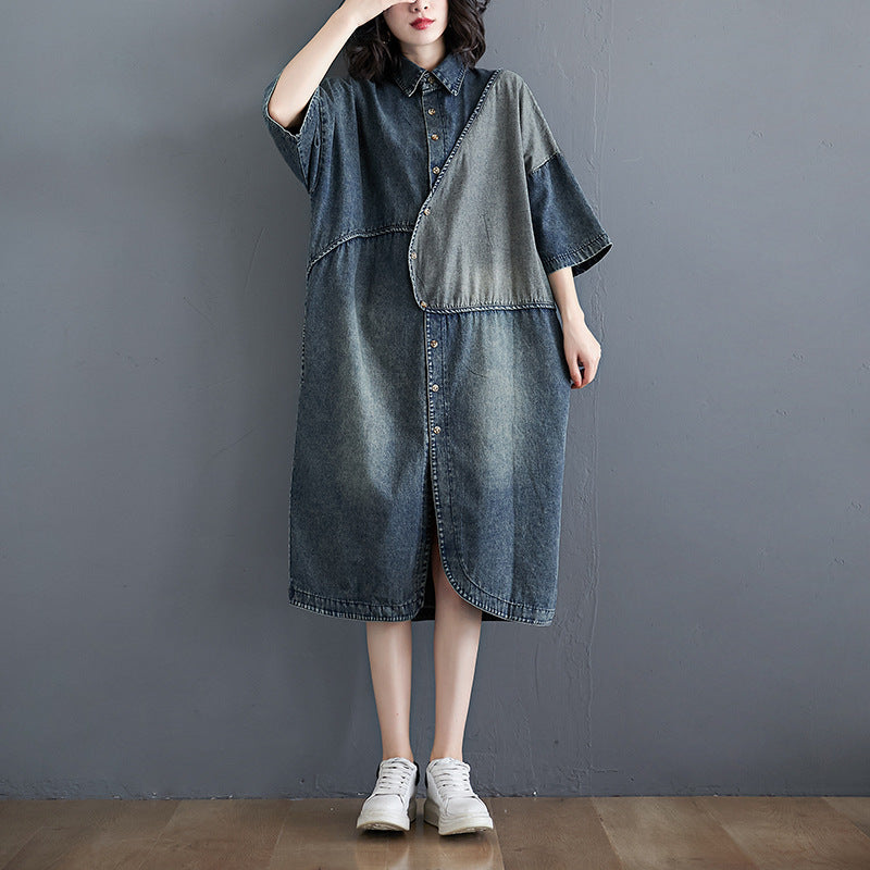 Retro Literary Stitching Shirt Skirt Loose And Thin Denim Dress