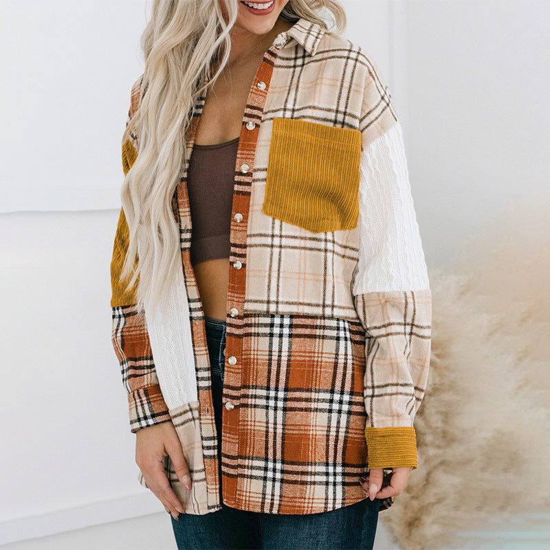 Women's Spring And Autumn New Color-contrast Check Corduroy Patchwork Pocket Women's Shirt