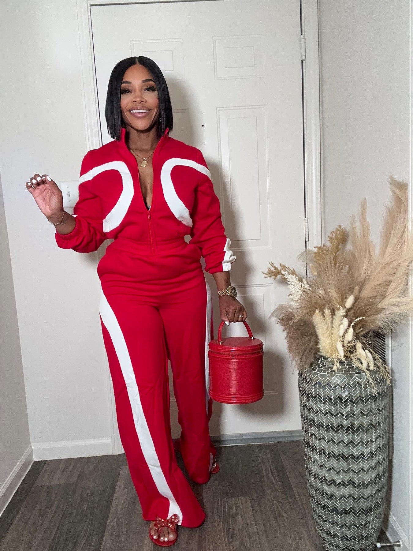 Women's Fashion Sport Color Block Long Sleeve Jumpsuit