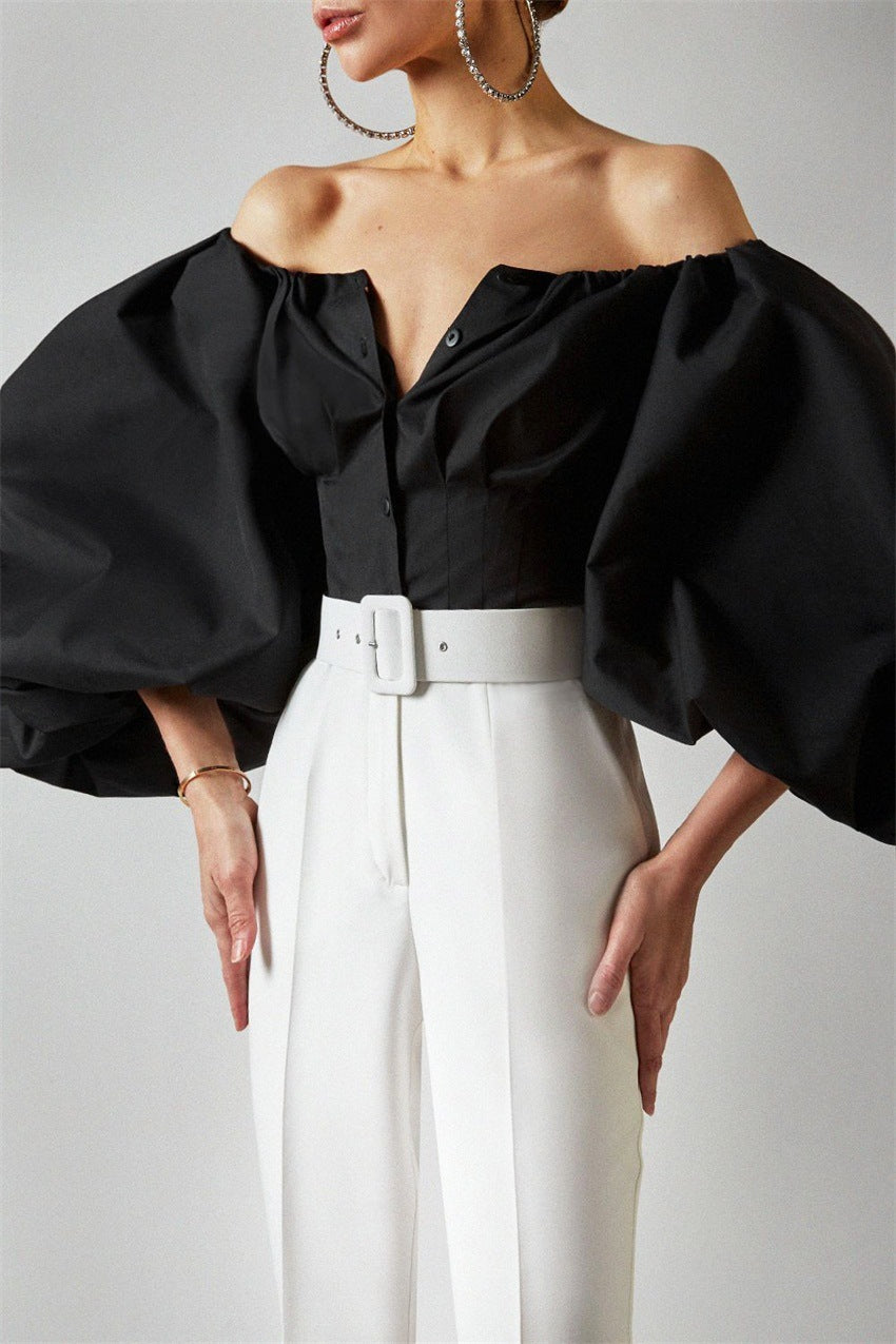 Spring And Summer New Design Sense Long Sleeve Bubble Lantern Sleeve Off-shoulder Women's Clothing Shirt