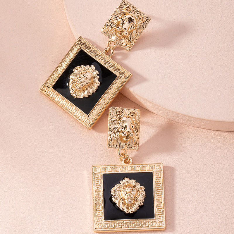 Lion Head Metal Big Lobed Geometric Enamel Square Exaggerated Punk Earrings