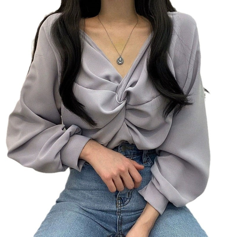 Pleated V-neck Twist Design Loose Casual Solid Color Long Sleeve