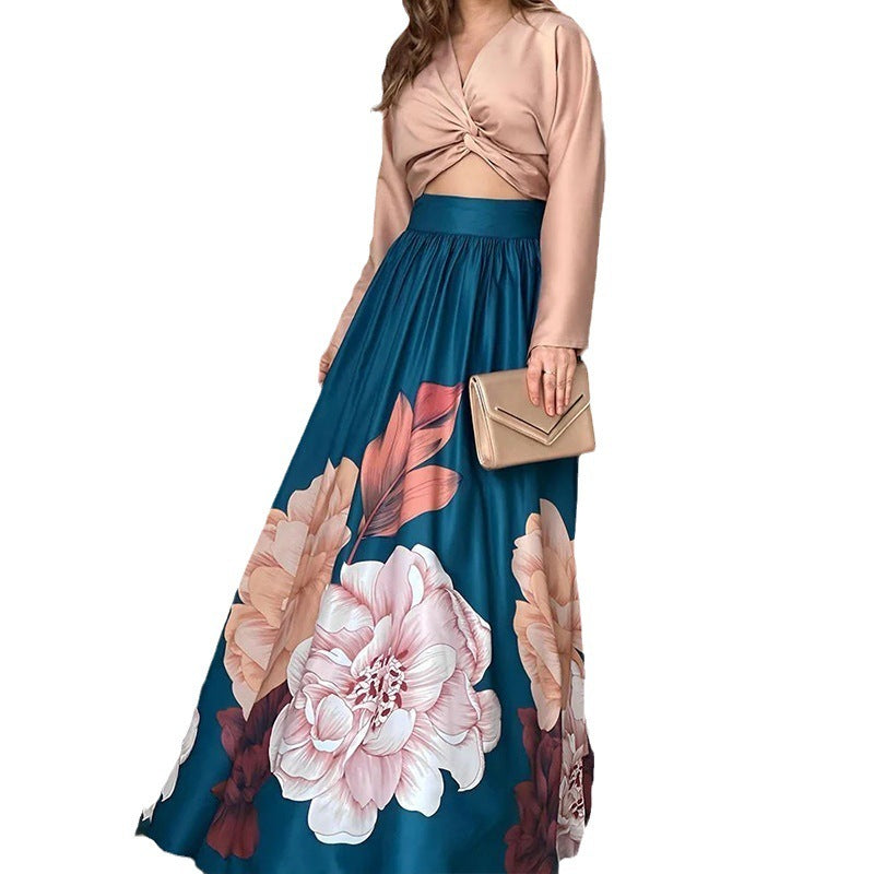 Women's Long Sleeve Printed Shirt Long Skirt Two-piece Set