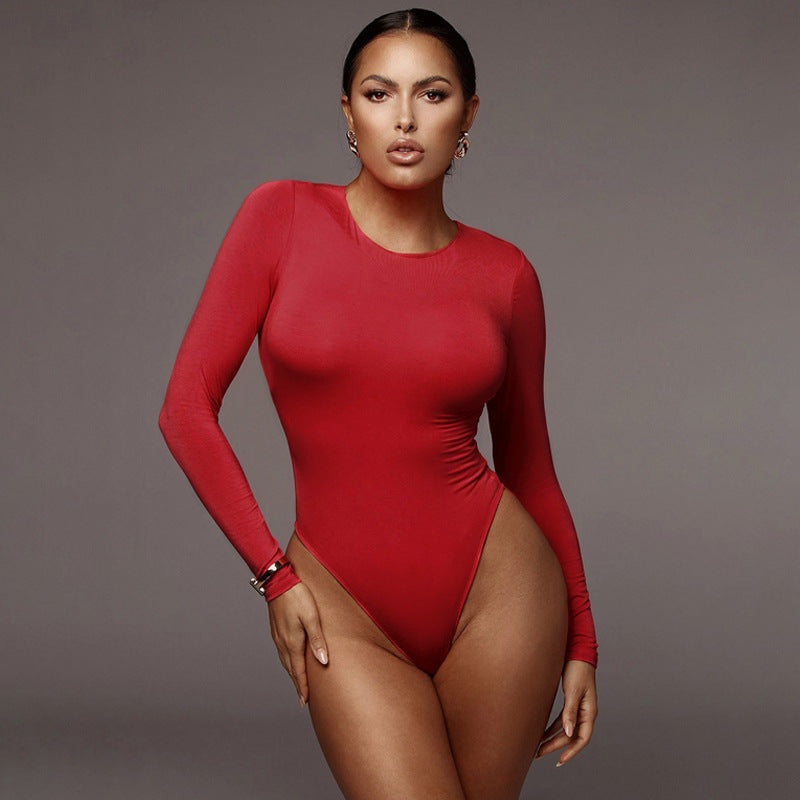 Women's O-neck Long-sleeved Solid Color Sexy Bodysuit