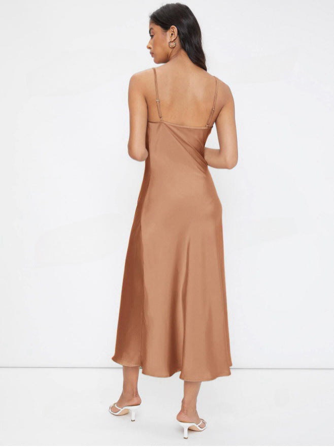 Satin Sling Deep V-neck Slim Fit Fashion Solid Color Dress