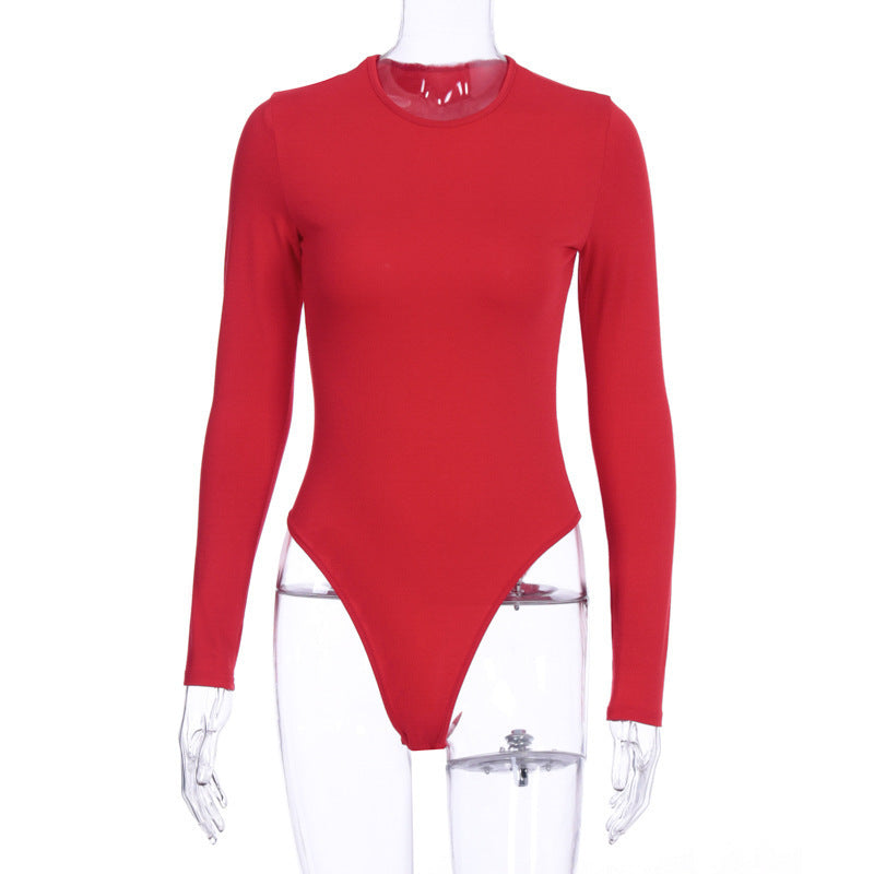 Women's O-neck Long-sleeved Solid Color Sexy Bodysuit