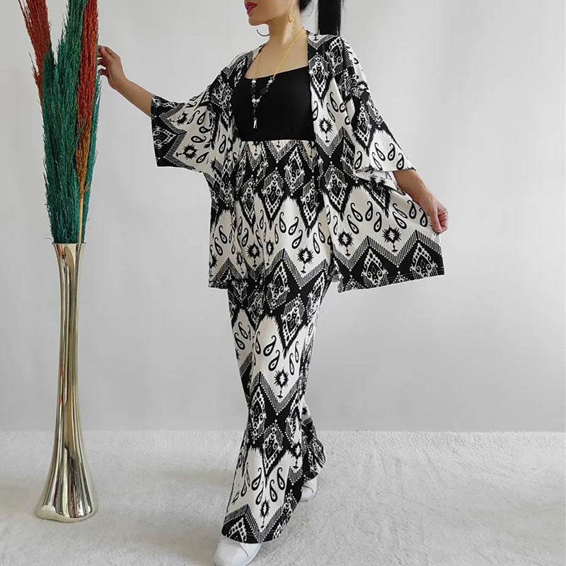 Women's Fashion Casual Loose Floral Print Mid-length Sleeves Shirt Wide Leg Pants Suit