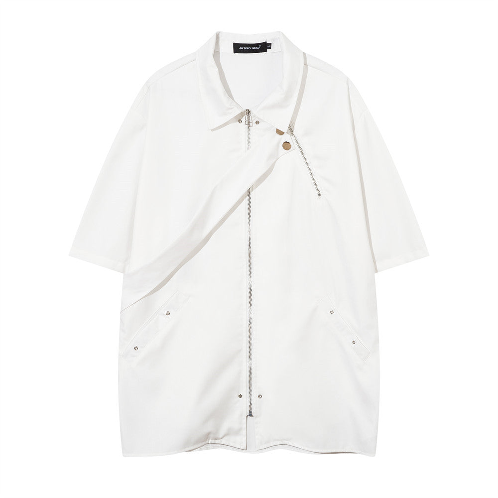 Decorative Zipper Short Sleeve Shirt Men's Loose