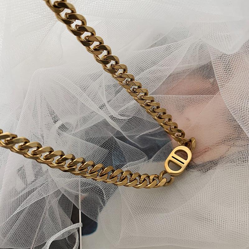 European And American Gold Thick Chain Letter Double D Titanium Steel Necklace Women