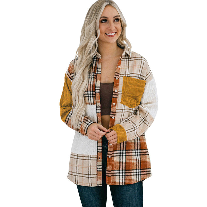 Women's Spring And Autumn New Color-contrast Check Corduroy Patchwork Pocket Women's Shirt