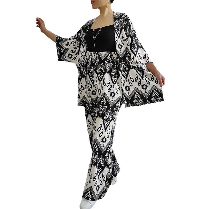 Women's Fashion Casual Loose Floral Print Mid-length Sleeves Shirt Wide Leg Pants Suit