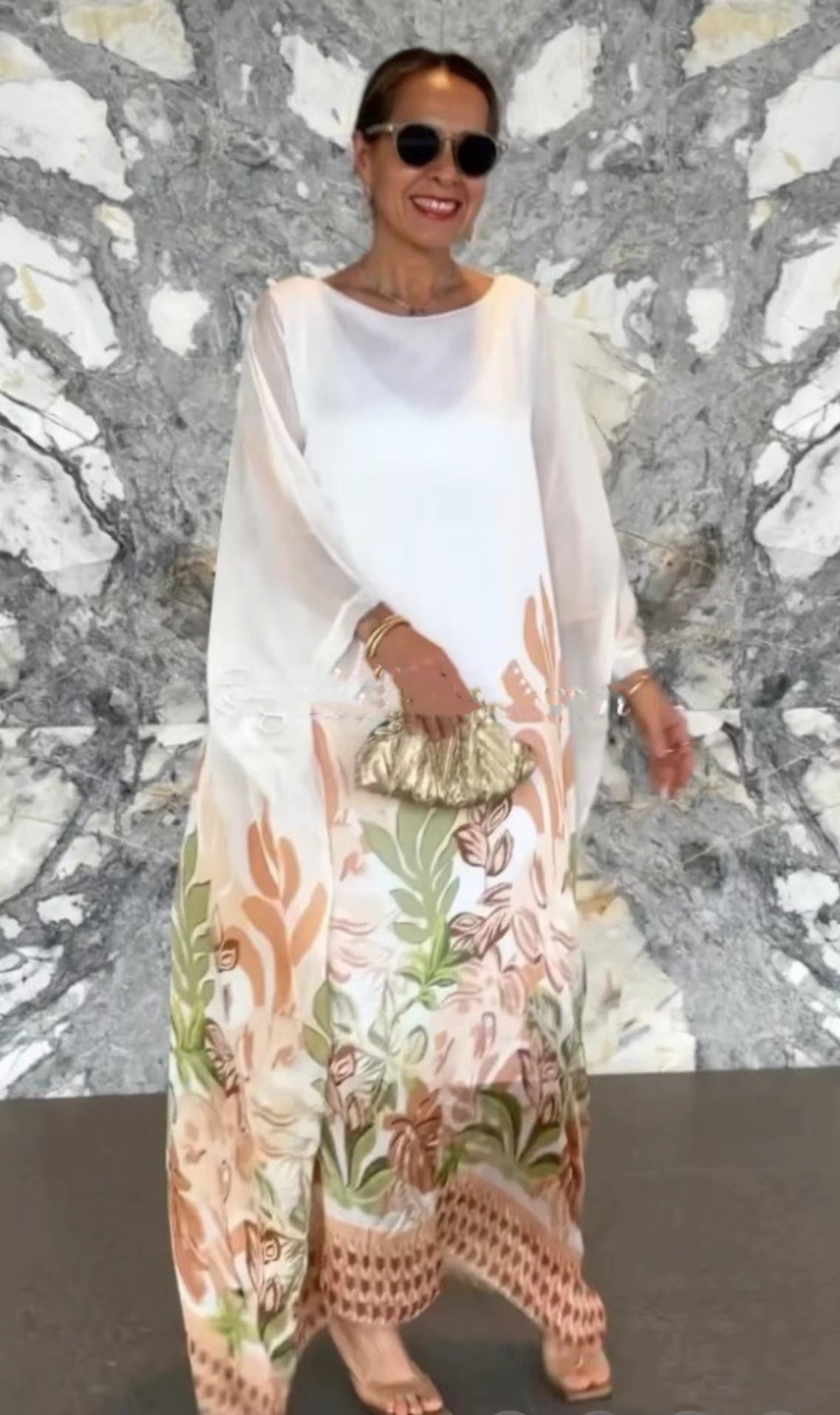 Women's Loose Round Neck Robe Long Sleeve Printed Dress