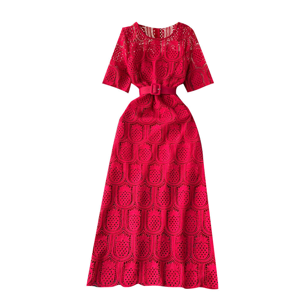Round Neck Long Sleeve Lace Short Sleeve Crocheted Waist-slimming Long Dress