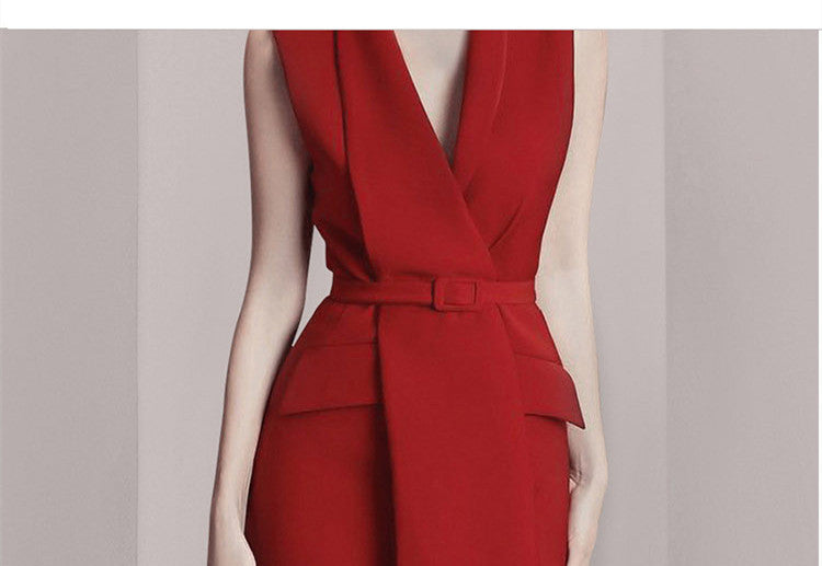 New Irregular Red Suit Collar Dress For Autumn And Winter