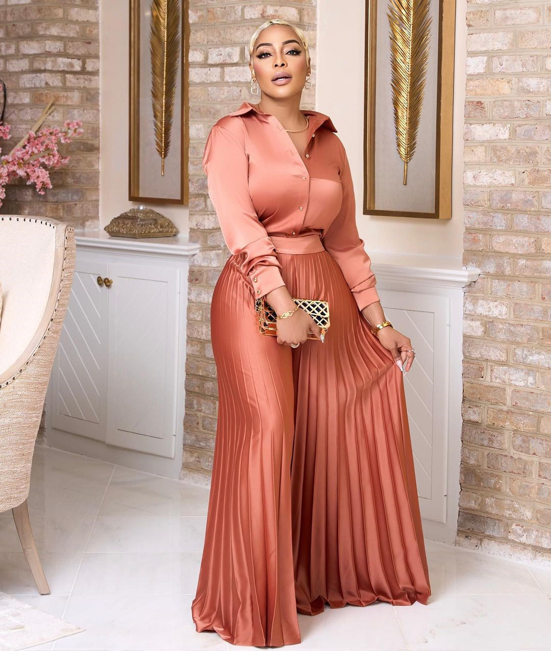 Temperament Slim Fit Backless Shirt Pleated Wide Leg Trousers Casual Suit