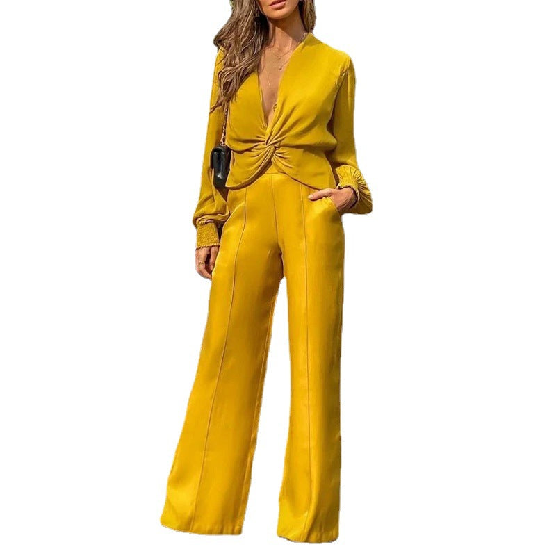 Women's two-piece long-sleeve solid color suit