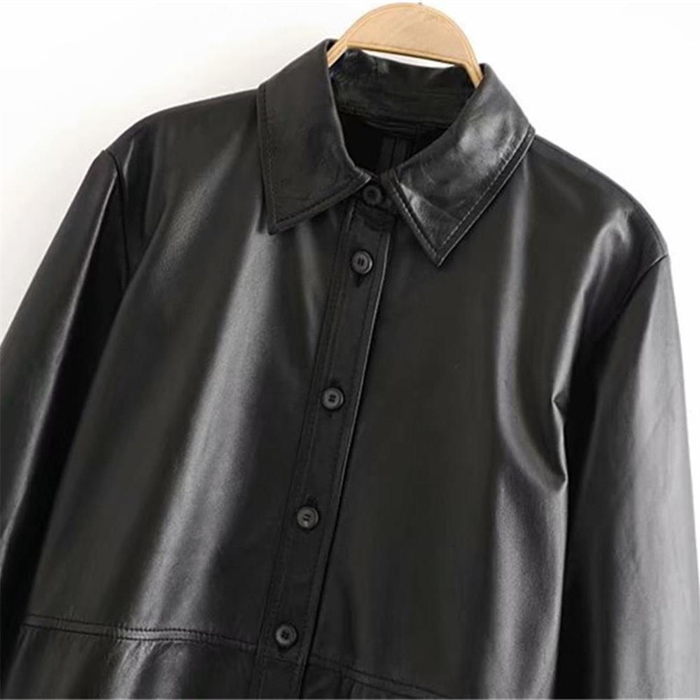 Lapel long sleeve leather shirt jacket women
