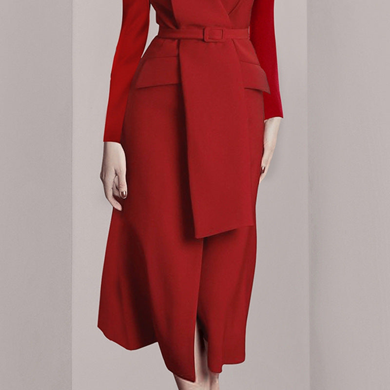 New Irregular Red Suit Collar Dress For Autumn And Winter