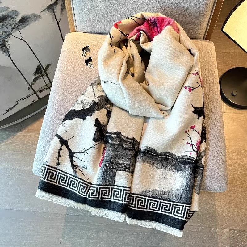 VERSACE Chinese Aesthetic Ink Painting Shawl Outer Match Autumn And Winter Warm Scarf