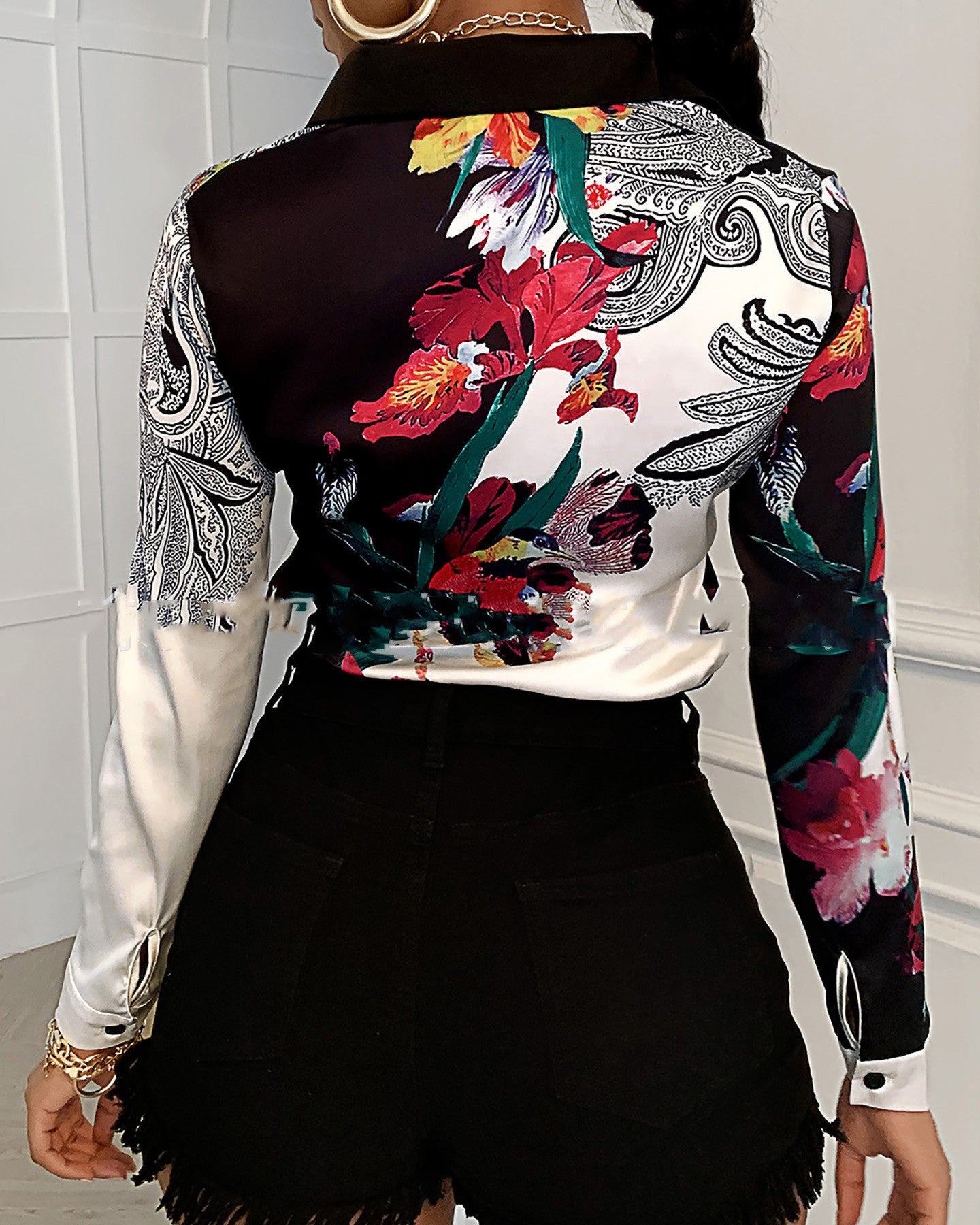 European And American White Lapel Printed Shirt Top