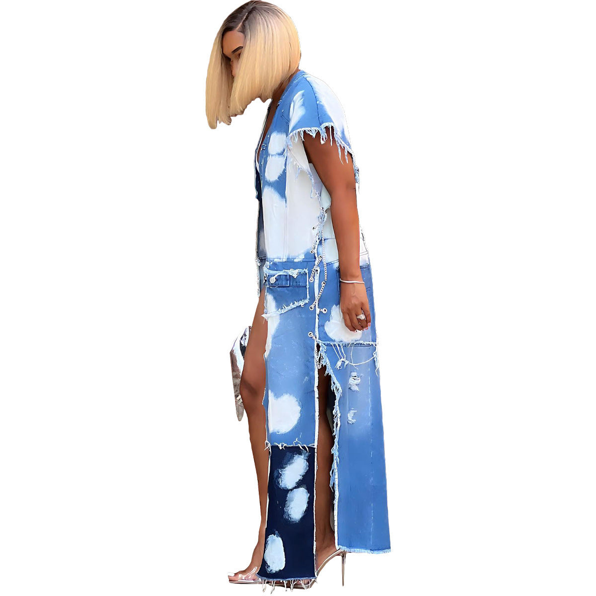 Washing Stitching Multi-bag Machine Eye Chain Denim Coat For Women