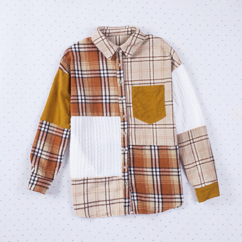 Women's Spring And Autumn New Color-contrast Check Corduroy Patchwork Pocket Women's Shirt