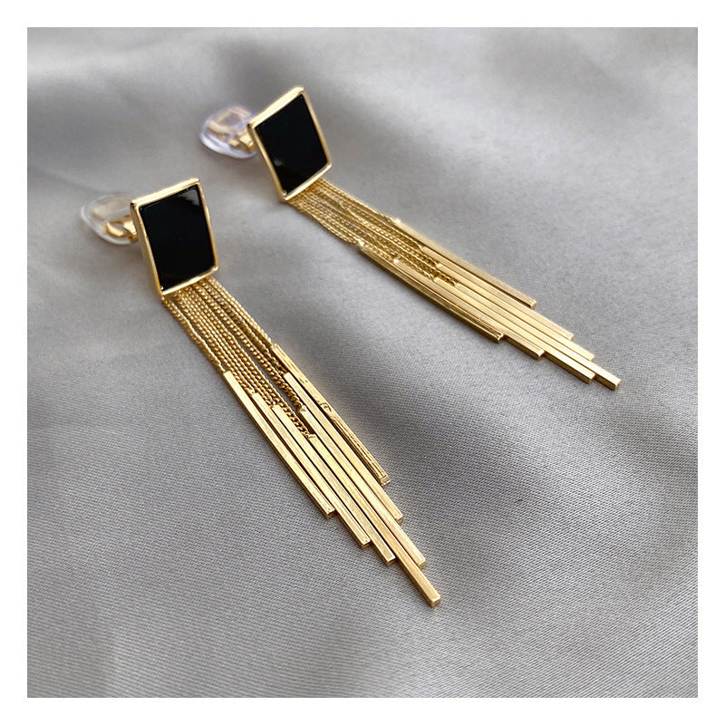 Retro Exaggerated Personality Geometric Square Black Long Tassel Fake Earrings