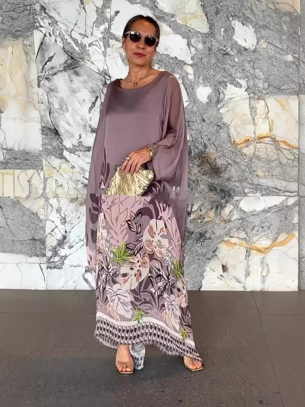 Women's Loose Round Neck Robe Long Sleeve Printed Dress