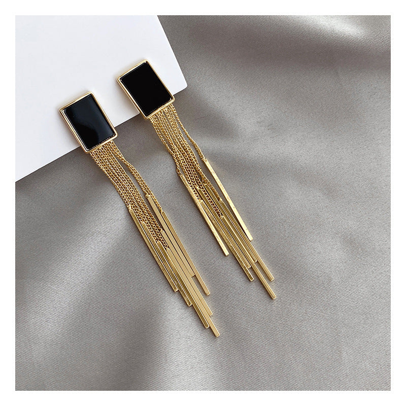 Retro Exaggerated Personality Geometric Square Black Long Tassel Fake Earrings