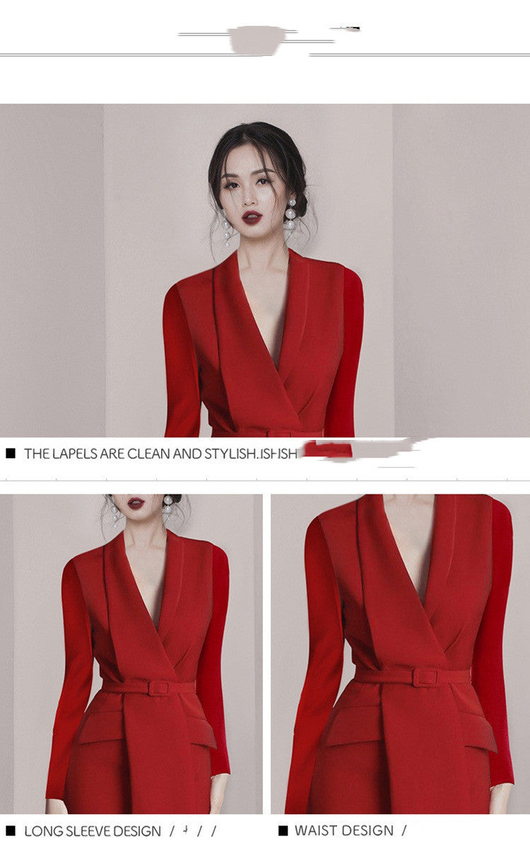 New Irregular Red Suit Collar Dress For Autumn And Winter